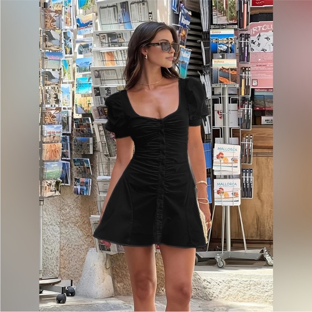 Commense Puff Sleeve Black Button Up Dress